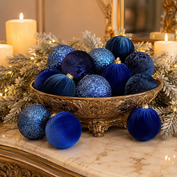 Blue Velvet & Glitter Christmas Balls: Handmade Flocked Ornaments, Set of 12