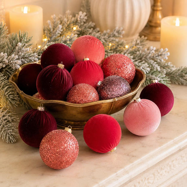 Red Velvet & Glitter Christmas Balls: Handmade Holiday Decor (Set of 12)