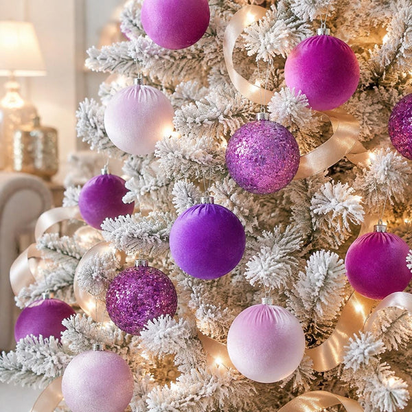 Purple Christmas Ornaments: Glitter & Velvet Handmade Decorations, Set of 12