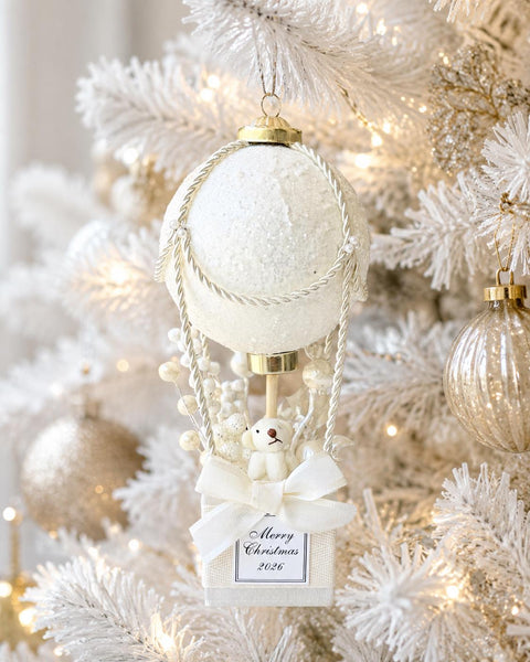 Personalized Hot Air Balloon Christmas Ornament, Baby’s First Christmas Keepsake, Teddy Bear Holiday Decor, White Gold Table Centerpiece