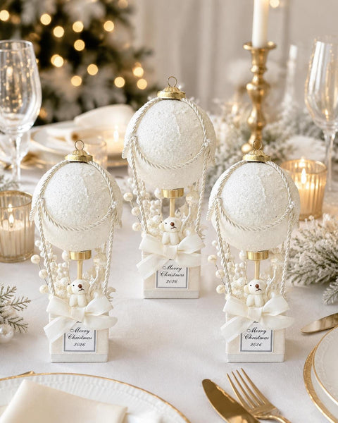 Personalized Hot Air Balloon Christmas Ornament, Baby’s First Christmas Keepsake, Teddy Bear Holiday Decor, White Gold Table Centerpiece
