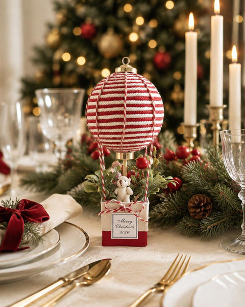 Christmas Hot Air Balloon Decoration, Red and White Holiday Centerpiece, Teddy Bear Christmas Decor, Personalized Christmas Keepsake