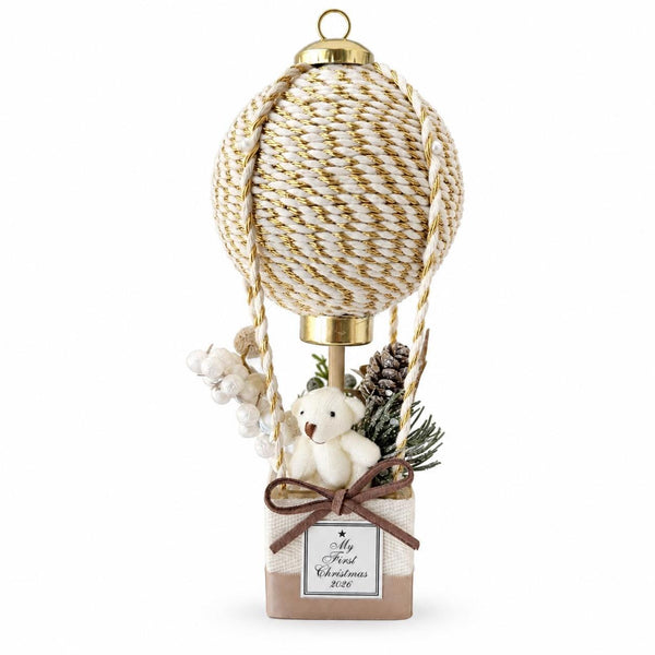 Baby’s First Christmas Ornament 2026, White Gold Hot Air Balloon Keepsake, Personalized Newborn Gift, Teddy Bear Nursery Decor