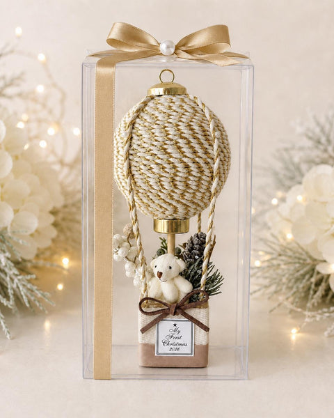 Baby’s First Christmas Ornament 2026, White Gold Hot Air Balloon Keepsake, Personalized Newborn Gift, Teddy Bear Nursery Decor