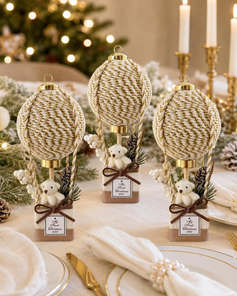 Baby’s First Christmas Ornament 2026, White Gold Hot Air Balloon Keepsake, Personalized Newborn Gift, Teddy Bear Nursery Decor