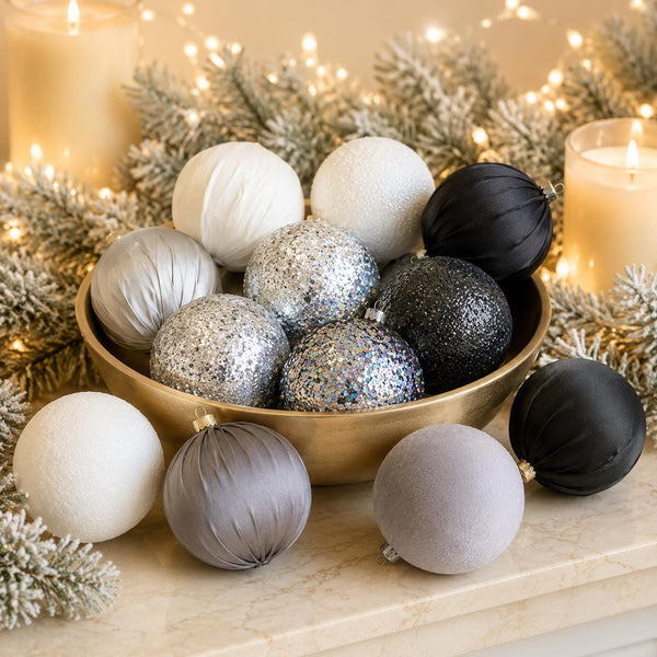 A set of matte and textured Christmas ornaments in black, white, silver, and gray, displayed in a gold bowl with flocked pine branches and warm string lights.