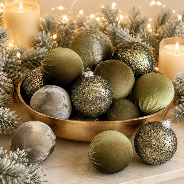 A collection of matte and glitter Christmas ornaments in olive green, textured gold, and brushed silver, displayed in a gold bowl with holiday greenery and lit candles.