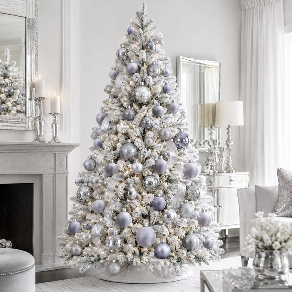 Silver Christmas Ornament Set of 12, Glitter and Flocked Velvet Balls, 3 or 4 Inch Luxury Tree Decor