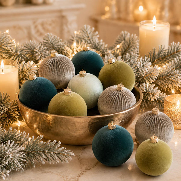 A set of velvet Christmas ornaments in teal, sage green, and light gray, arranged in a hammered gold bowl with holiday pine branches and burning candles in the background.