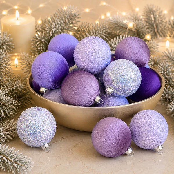 12 Purple Christmas Ornaments: Handmade Glitter Flocked Balls
