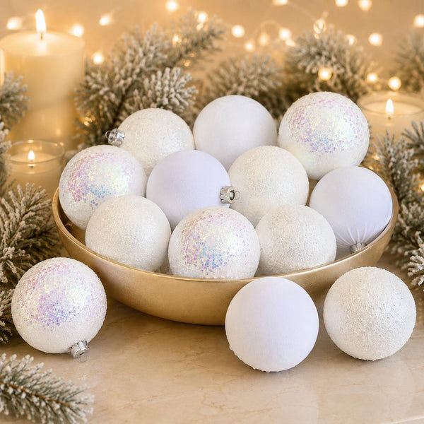 Handmade White Glitter Christmas Ornaments - Flocked Velvet Balls (Set of 12)