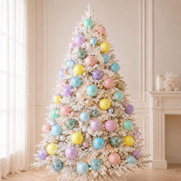 A white flocked Christmas tree decorated with pastel-colored ornaments in pink, yellow, blue, green, and purple, set in a bright, elegant room with a fireplace and sheer curtains.