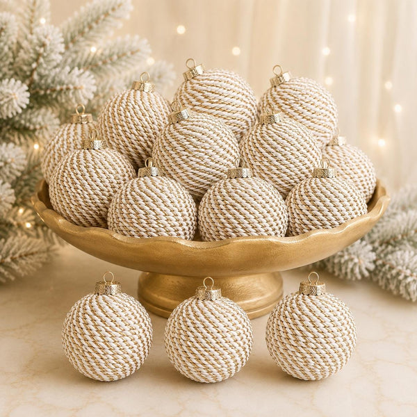 Beige Yarn Christmas Ornament, Handmade Gold Holiday Ball, 3.2 Inch Neutral Tree Decor, Rustic Wrapped Christmas Bauble