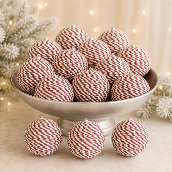 Handmade Yarn Christmas Ornaments: Pale Pink Rustic Balls, Set of 4