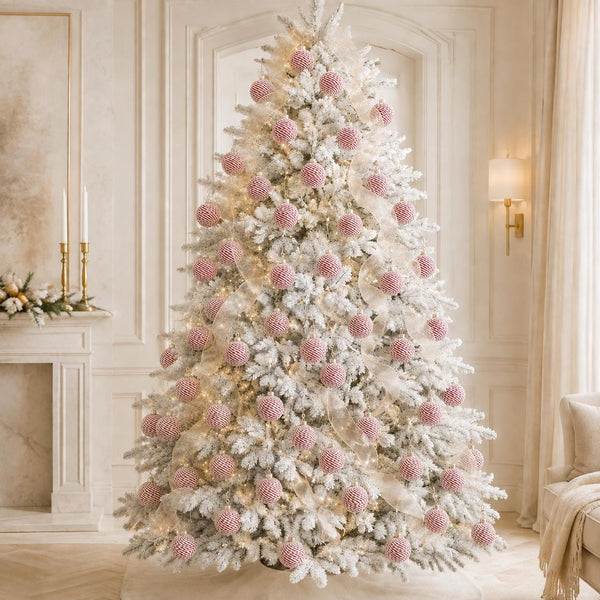 Handmade Yarn Christmas Ornaments: Pale Pink Rustic Balls, Set of 4