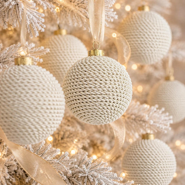 Ivory Yarn Christmas Ornament, Handmade White Wrapped Ball, 3.2 Inch Neutral Holiday Tree Decor, Rustic Christmas Bauble