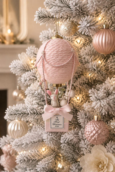Baby’s First Christmas Ornament 2026, Pink Hot Air Balloon with Bunny, Handmade Newborn Keepsake