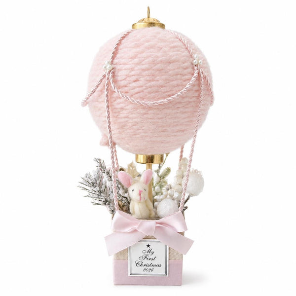 Baby’s First Christmas Ornament 2026, Pink Hot Air Balloon with Bunny, Handmade Newborn Keepsake