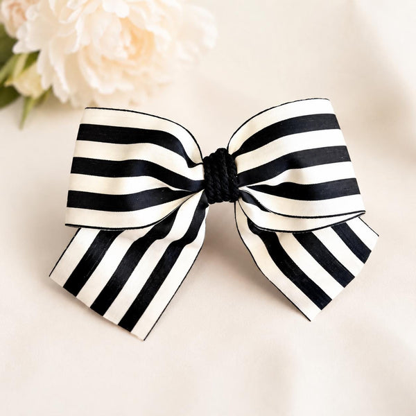 Black and White Striped Bow, Christmas Tree Ornament, Farmhouse Holiday Decor, Large Hair Bow