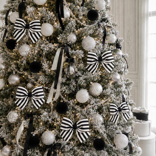 Black and White Striped Bow, Christmas Tree Ornament, Farmhouse Holiday Decor, Large Hair Bow