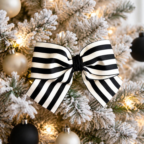 Black and White Striped Bow, Christmas Tree Ornament, Farmhouse Holiday Decor, Large Hair Bow