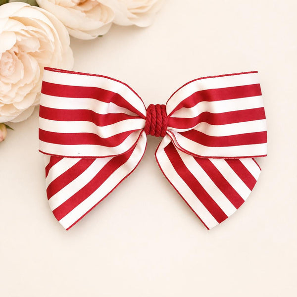 Red and White Striped Christmas Bow, Tree Ornament, Farmhouse Hair Bow and Wreath Decor