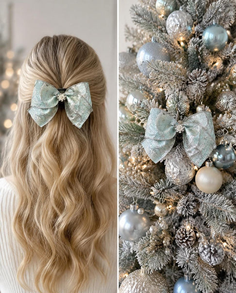 Blue and Silver Christmas Bow with Crystal Brooch, Tree Ornament, Hair Bow and Wreath Decor