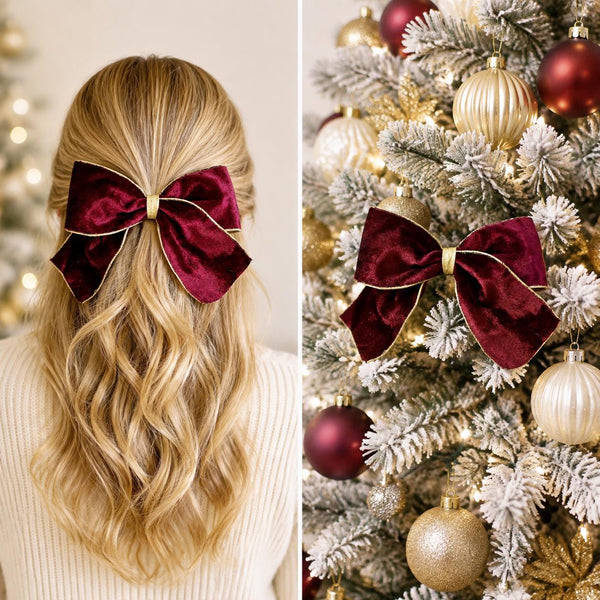 Burgundy Velvet Christmas Bow, Tree Ornament, Holiday Hair Bow and Wreath Decor