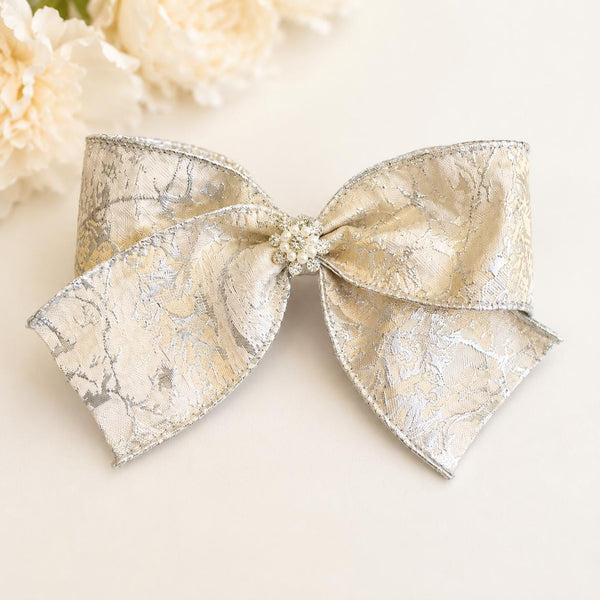 Gold and Silver Christmas Bow with Crystal Brooch, Tree Ornament, Holiday Hair Bow and Wreath Decor