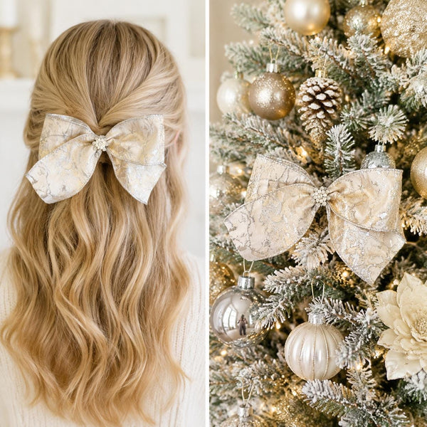 Gold and Silver Christmas Bow with Crystal Brooch, Tree Ornament, Holiday Hair Bow and Wreath Decor
