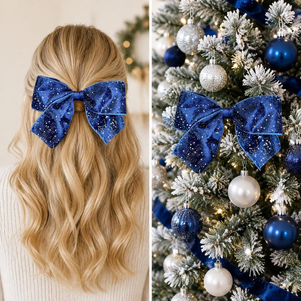 Navy Blue Glitter Velvet Christmas Bow, Tree Ornament, Holiday Hair Bow and Wreath Decor