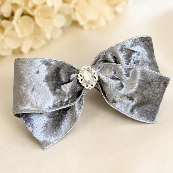 Gray Velvet Christmas Bow with Crystal Brooch, Tree Ornament, Holiday Hair Bow and Wreath Decor