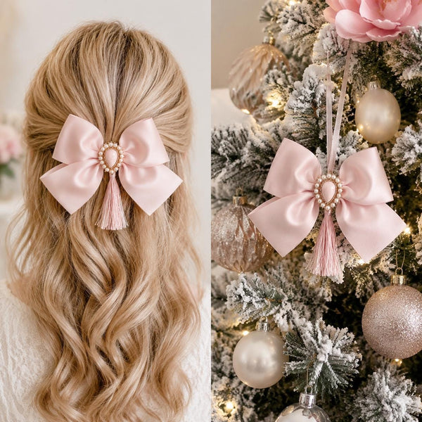 Pink Satin Christmas Bow, Tree Ornament, Holiday Hair Bow, Wreath and Gift Decor
