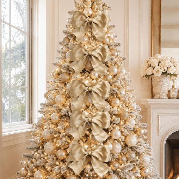Beige and Gold Burlap Christmas Bow, Rustic Tree Ornament, Farmhouse Wreath and Holiday Decor