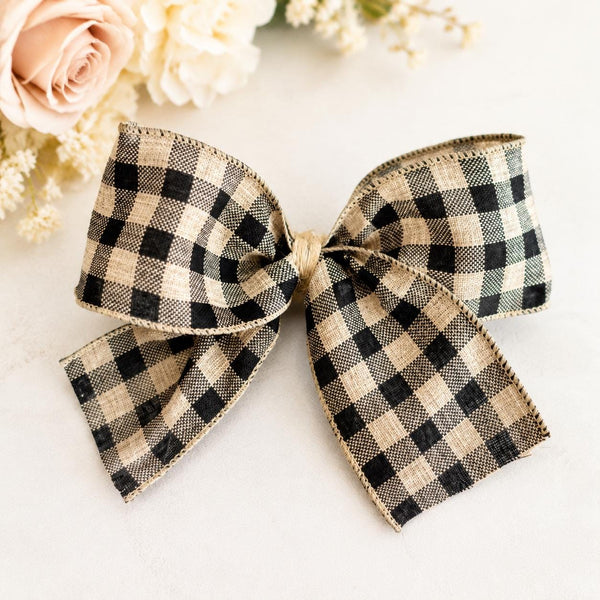 Beige and Black Plaid Christmas Bow, Rustic Tree Ornament, Farmhouse Hair Bow and Wreath Decor