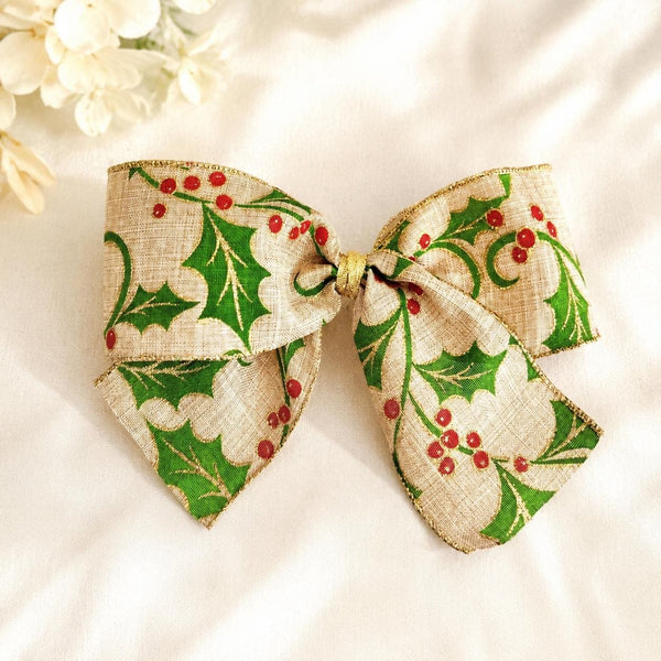 Christmas Holly Bow, Holiday Tree Ornament, Farmhouse Wreath Decor, Festive Hair Bow