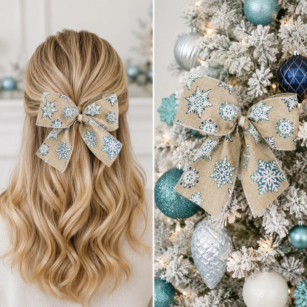 Burlap Snowflake Christmas Bow, Rustic Tree Ornament, Farmhouse Wreath and Holiday Decor
