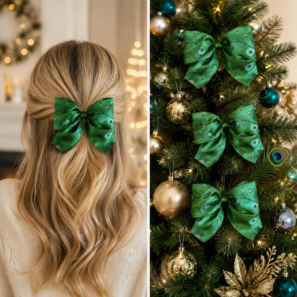 Peacock Christmas Bows, Set of 3, Jewel Tone Tree Ornaments and Holiday Wreath Decor