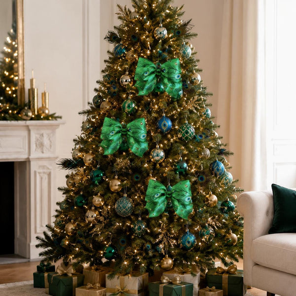 Peacock Christmas Bows, Set of 3, Jewel Tone Tree Ornaments and Holiday Wreath Decor