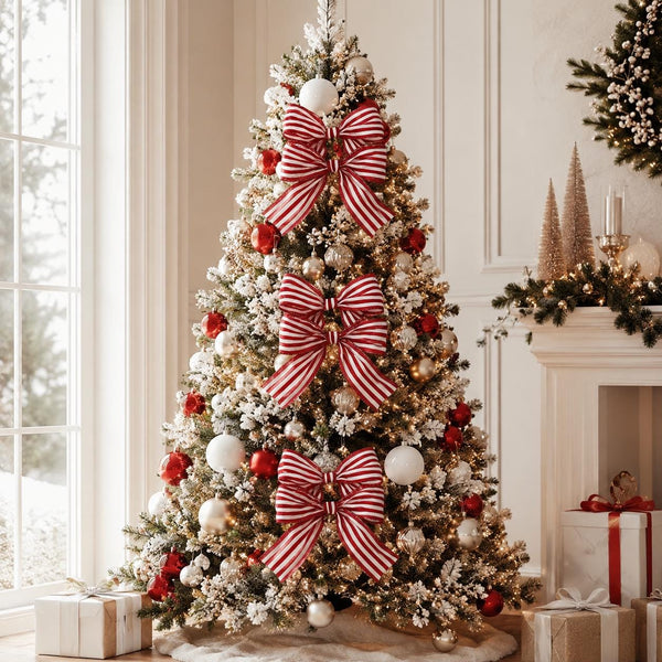 Red and White Striped Christmas Bows, Set of 3, Farmhouse Tree Ornaments and Wreath Decor