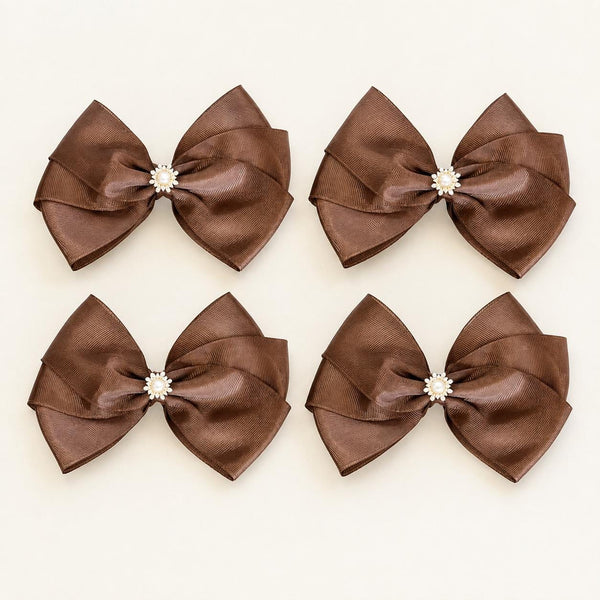 Chocolate Brown Satin Christmas Bows, Set of 4, Tree Ornaments and Holiday Hair Bows