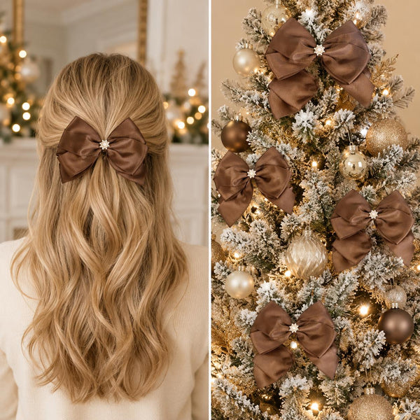 Chocolate Brown Satin Christmas Bows, Set of 4, Tree Ornaments and Holiday Hair Bows