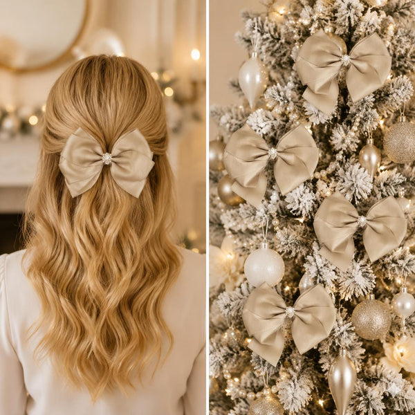 Beige Satin Christmas Bows with Pearl Accent, Set of 4, Tree Ornaments and Holiday Hair Bows