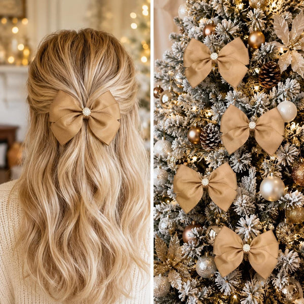 Cider Satin Christmas Bows with Crystal Accent, Set of 4, Tree Ornaments and Holiday Hair Bows
