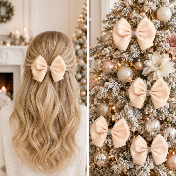 Peach Satin Christmas Bows with Crystal Accent, Set of 4, Tree Ornaments and Holiday Hair Bows