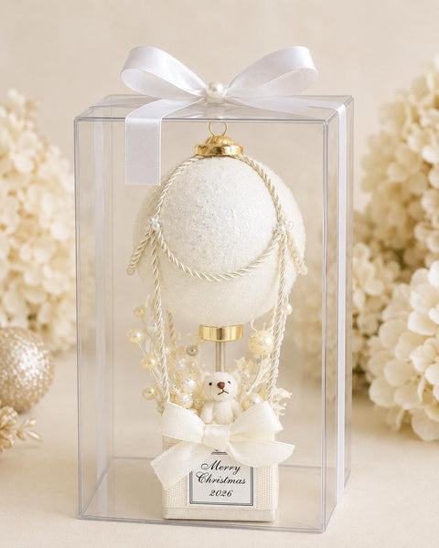 Personalized Hot Air Balloon Christmas Ornament, Baby’s First Christmas Keepsake, Teddy Bear Holiday Decor, White Gold Table Centerpiece