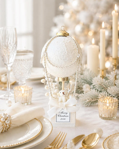 Personalized Hot Air Balloon Christmas Ornament, Baby’s First Christmas Keepsake, Teddy Bear Holiday Decor, White Gold Table Centerpiece