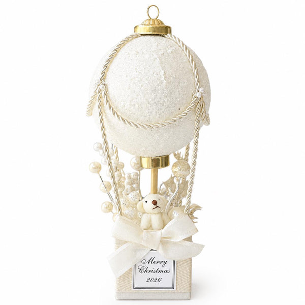 Personalized Hot Air Balloon Christmas Ornament, Baby’s First Christmas Keepsake, Teddy Bear Holiday Decor, White Gold Table Centerpiece