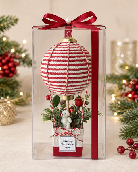 Christmas Hot Air Balloon Decoration, Red and White Holiday Centerpiece, Teddy Bear Christmas Decor, Personalized Christmas Keepsake