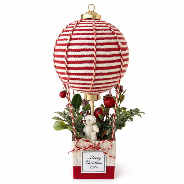 Christmas Hot Air Balloon Decoration, Red and White Holiday Centerpiece, Teddy Bear Christmas Decor, Personalized Christmas Keepsake